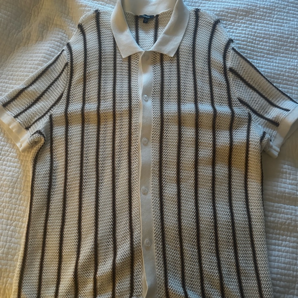 Express knit button up shirt. Cream and brown stripe- XL